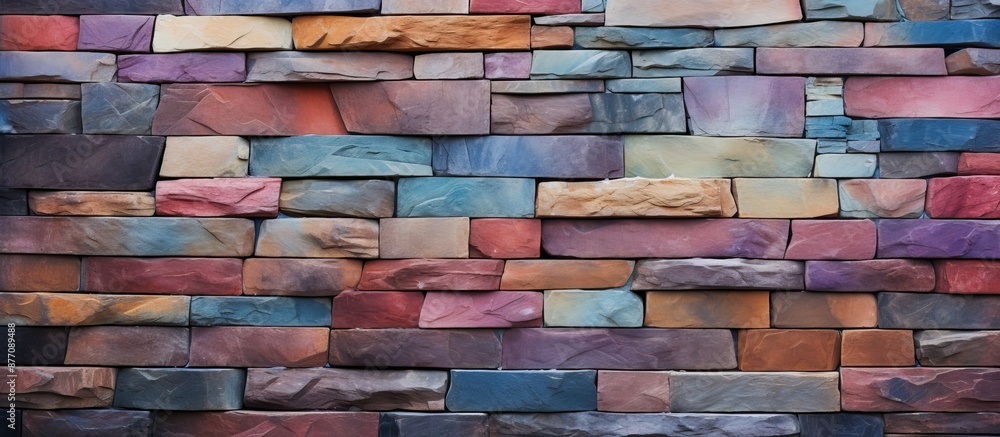 Poster Basalt rock texture creating a multi-colored stone wall, with a stone background suitable for a fantasy wallpaper with copy space image.