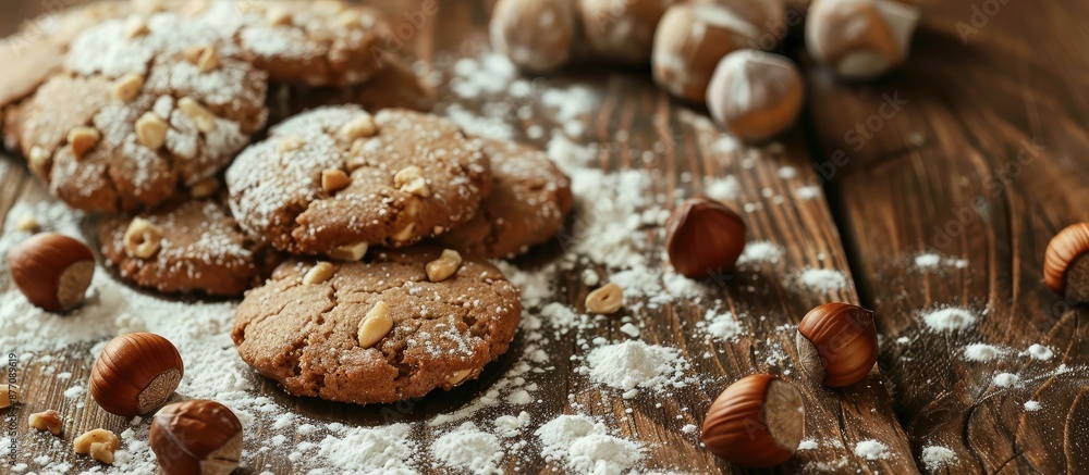 Poster Hazelnut cookies on a wooden surface with scattered hazelnuts and flour, ideal for a copy space image.