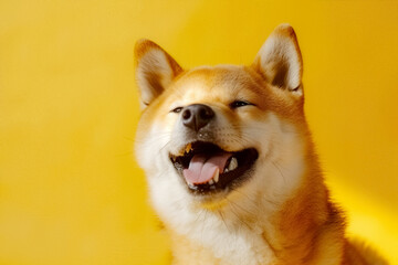 Happy Shiba Inu dog with a bright expression on a yellow background, capturing a joyful and cheerful moment.