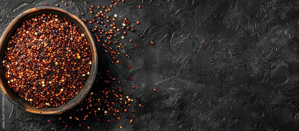 Poster Red quinoa superfood displayed from a top view on a black background with ample copy space image available.