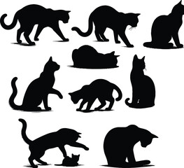 Hand-drawn animals set Flat design Cat silhouette vector