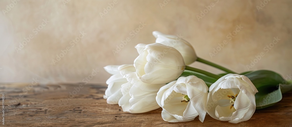 Aufkleber a stylish white tulip arrangement displayed beautifully on a rustic wooden table against a beige bac