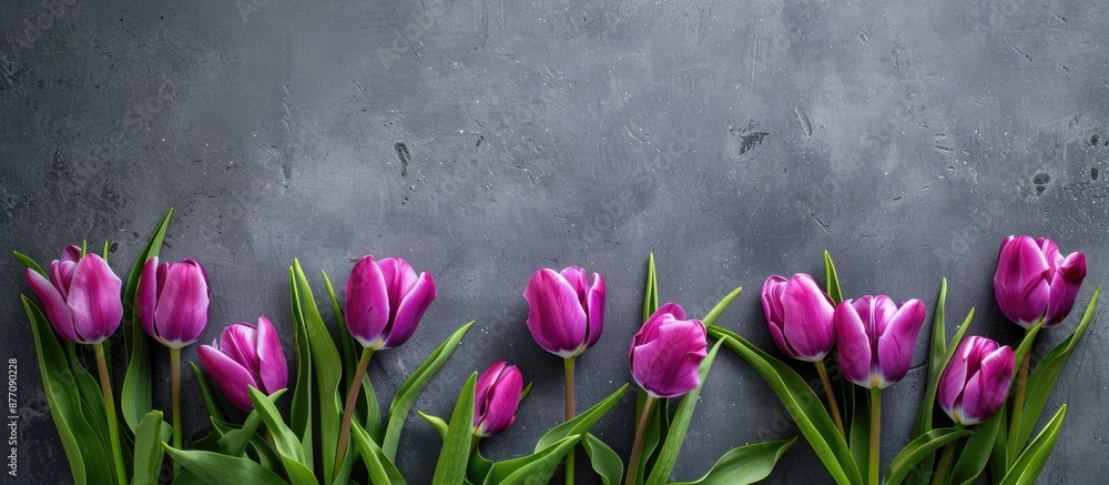 Aufkleber vibrant purple tulips against a grey backdrop in a flatlay arrangement with empty space for text or 