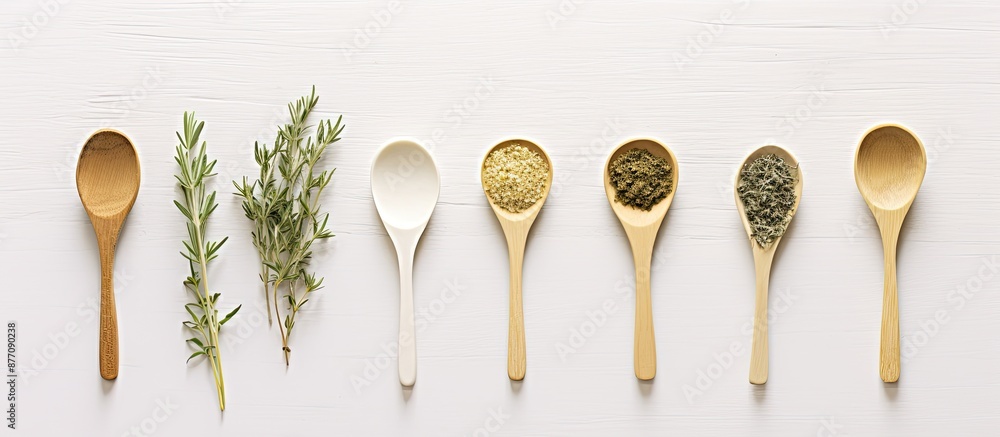 Poster bamboo spoons with herbal leaves and powdered herbs displayed on a white wooden table with a blank s