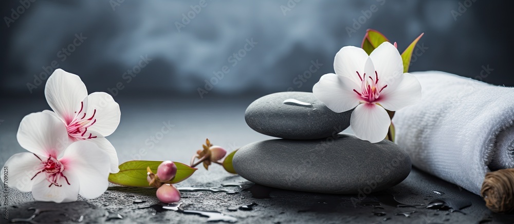 Poster towel background with spa stones and spring flowers, perfect for a copy space image.