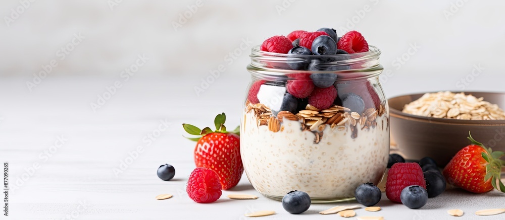 Poster healthy breakfast concept depicted with a jar of overnight oatmeal topped with berries and nuts on a