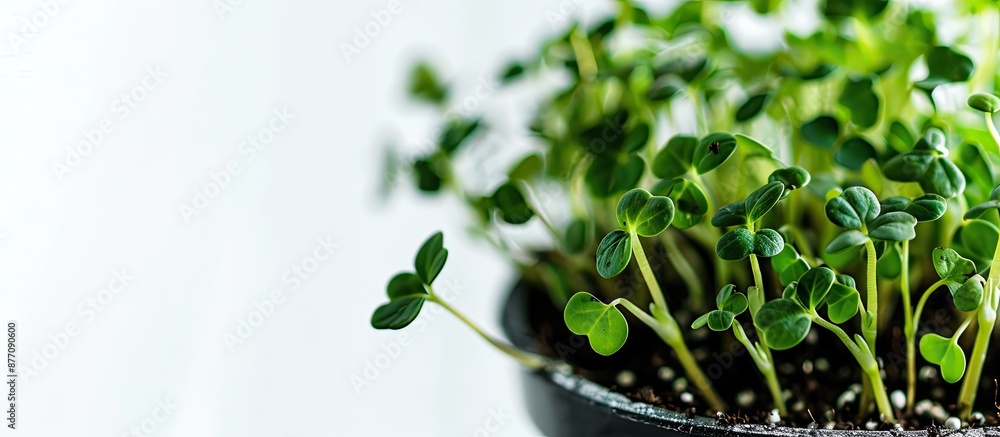 Poster close-up of micro-green pea sprouts in a pot with soil on a white background, perfect for healthy li
