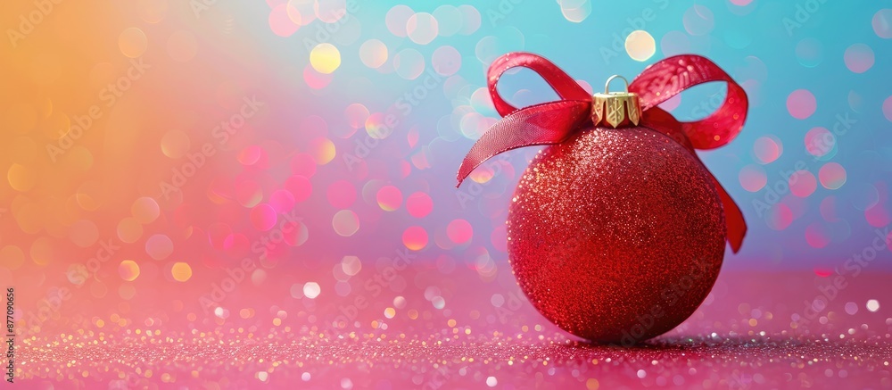 Poster a decorative christmas ball with a ribbon bow on a colorful background, presenting a copy space imag