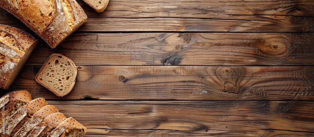 Poster A top view of rustic wooden background with bread slices. Horizontal composition with copy space image.