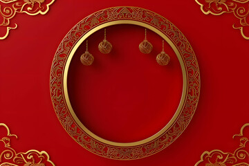 Traditional Chinese Circular Frame on Red Background