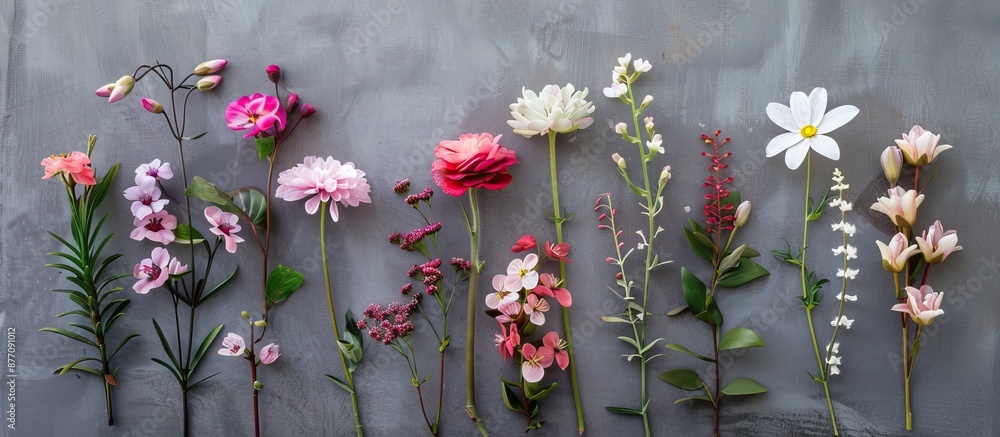 Poster a selection of spring blossoms displayed from above against a muted gray backdrop, with room for mor