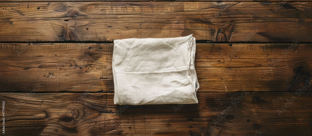 Poster top view mockup with copy space image of a cloth napkin on a rustic wooden table.