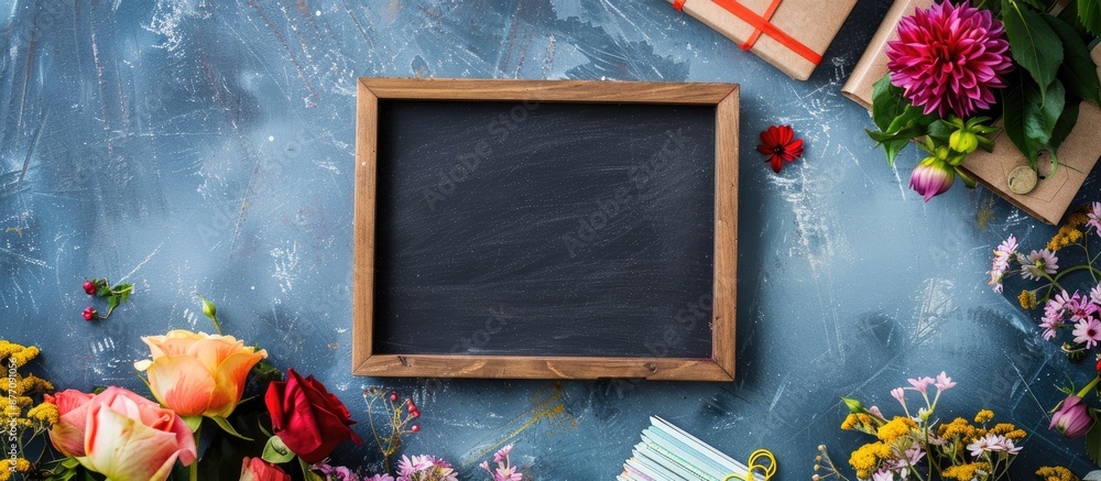 Poster color background with a blank chalkboard, a bouquet of flowers, and stationery for a visually appeal