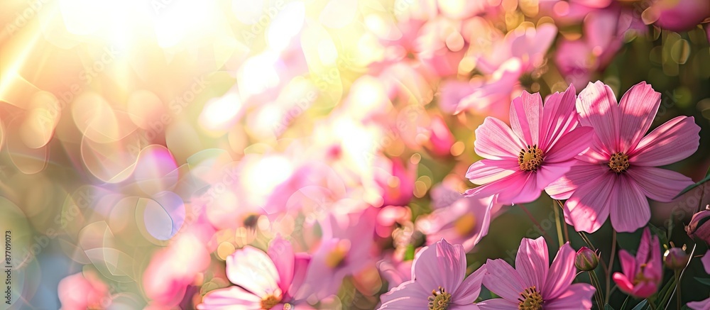 Poster pink flowers on a sunny spring day with a blurred background create an appealing copy space image.
