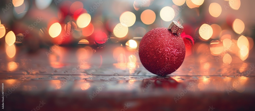 Poster festive christmas ball on table with blurred lights background, perfect for adding text in the copy 