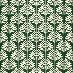 Vintage Art Deco Seamless Pattern. Geometric decorative with leaf texture. Retro background. Green background. Beige leaf. Wallpaper
