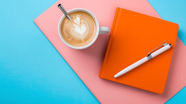 Orange note book white pen and cup of coffee isolated on pink and blue background