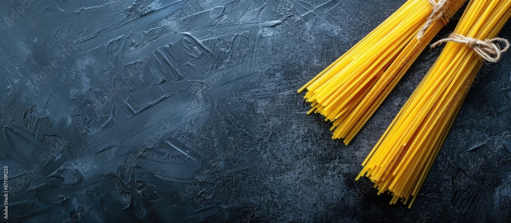 Poster top view of yellow raw spaghetti bolognese on a black concrete background, emphasizing italian food 
