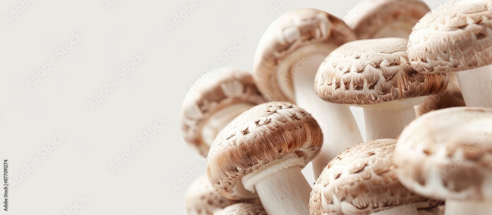 Poster brown champignons mushrooms displayed against a white backdrop with copy space image.