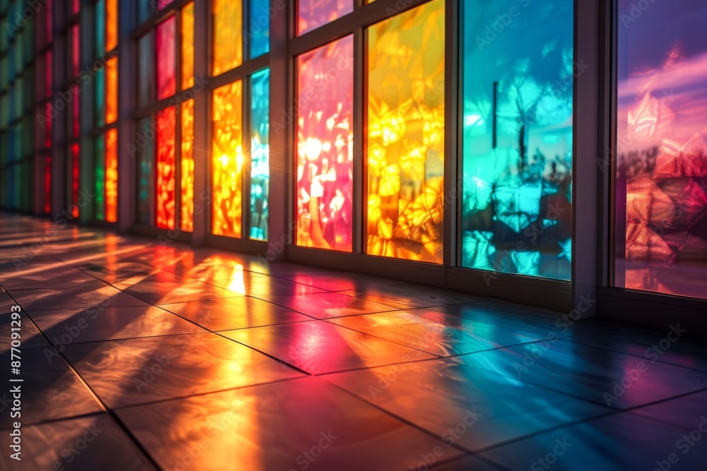 Poster close-up of bifacial solar panels that capture sunlight from both sides, creating a rainbow effect w