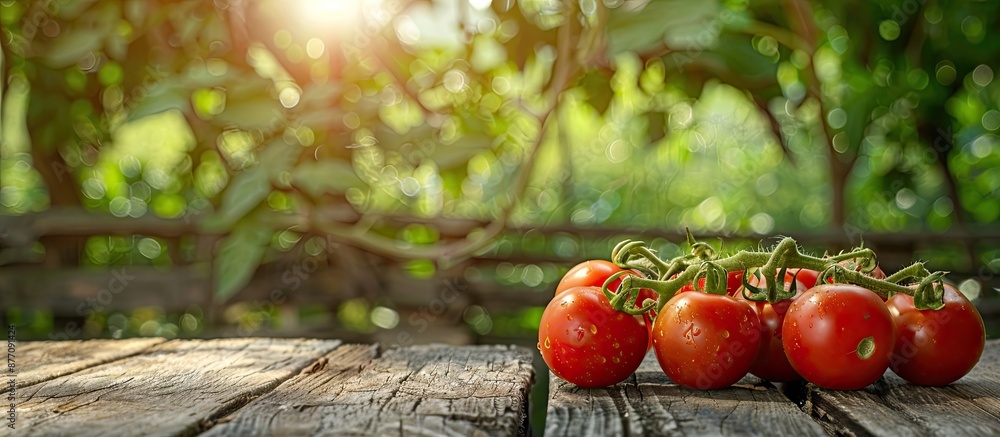 Poster Fresh red tomatoes placed on a wooden table with a backdrop of a wooden fence and trees, creating a rustic setting with copy space image, emphasizing a vegetarian food concept.