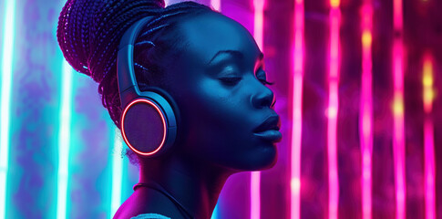 Beautiful African Woman with Neon Headphones in Dark Room