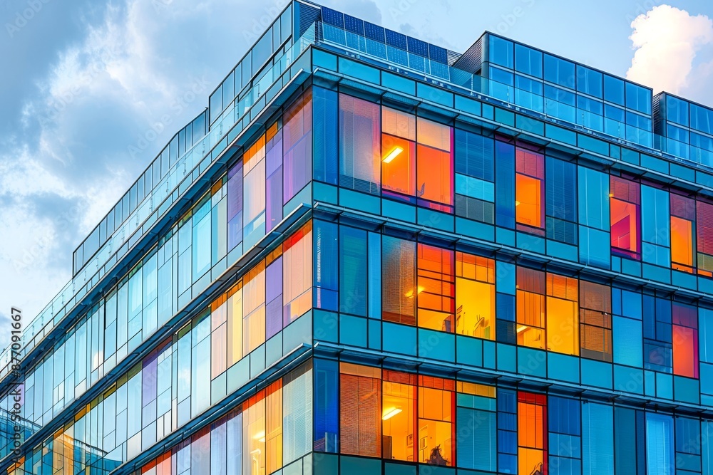 Poster close-up of building windows embedded with photovoltaic cells