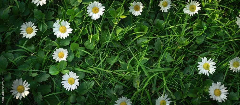 Aufkleber daisies blooming in the lush green grass with an inviting copy space image for text or graphics.