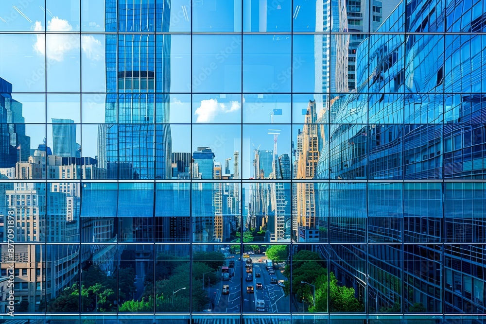 Poster close-up of building windows embedded with photovoltaic cells, reflecting a dynamic cityscape