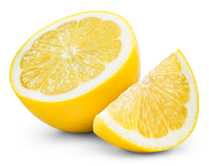 Lemon half and slice isolated png. Lemon on transparent background. PNG format. Lemon half and slice no background. Full depth of field.
