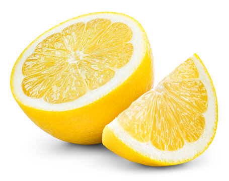 Lemon half and slice isolated png. Lemon on transparent background. PNG format. Lemon half and slice no background. Full depth of field.