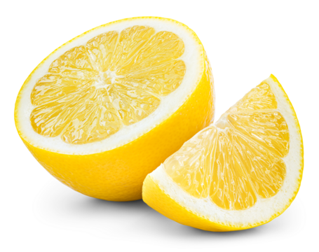 Lemon half and slice isolated png. Lemon on transparent background. PNG format. Lemon half and slice no background. Full depth of field.