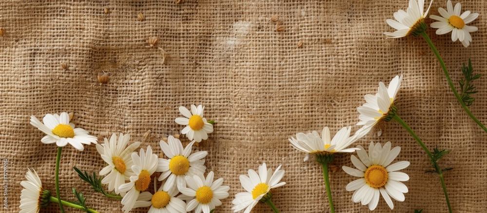 Aufkleber Top view of chamomile flowers and white field daisies scattered on burlap, creating a scenic backdrop suitable for design projects with copy space image.