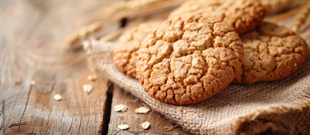 Poster oat cookies displayed elegantly on a rustic wooden table with a beautifully arranged copy space imag