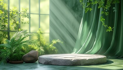 A white stone podium with hanging silk against the background of a sunny natural forest and mountains an advertising mockup for product presentation.