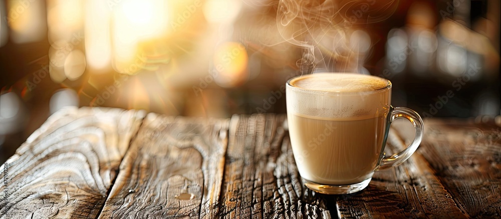 Aufkleber A steaming latte placed on a rustic wooden table in a cozy cafe setting with a copy space image available.