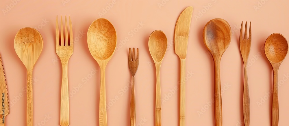 Poster wooden cutlery set on a peach backdrop with ample copy space image.