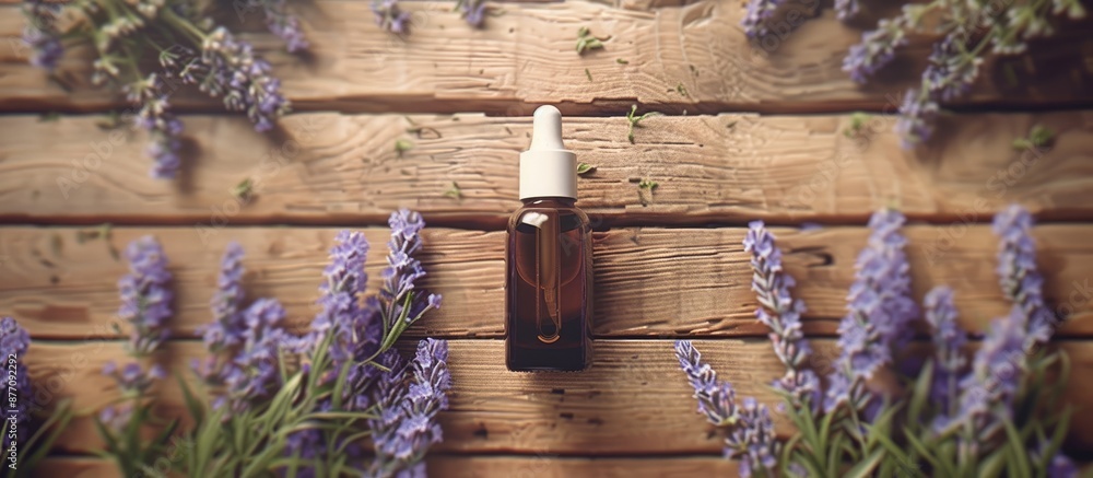 Poster a bottle for cosmetics placed on a wooden background with lavender flowers, featuring an empty copy 