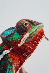 Obraz premium A tight shot of a vibrant chameleon on someone's arm, tongue extended from its mouth