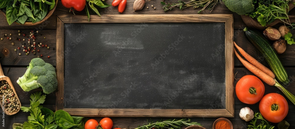 Poster wooden chalkboard with fresh raw organic vegetables and spices creating a rustic frame for a copy sp