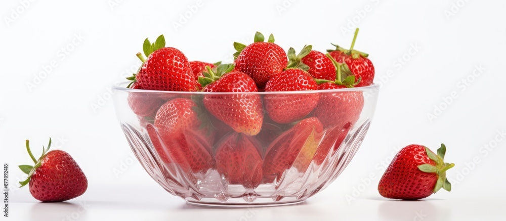 Aufkleber fresh ripe strawberries in a glass bowl on a white background with ample space for text or an image,