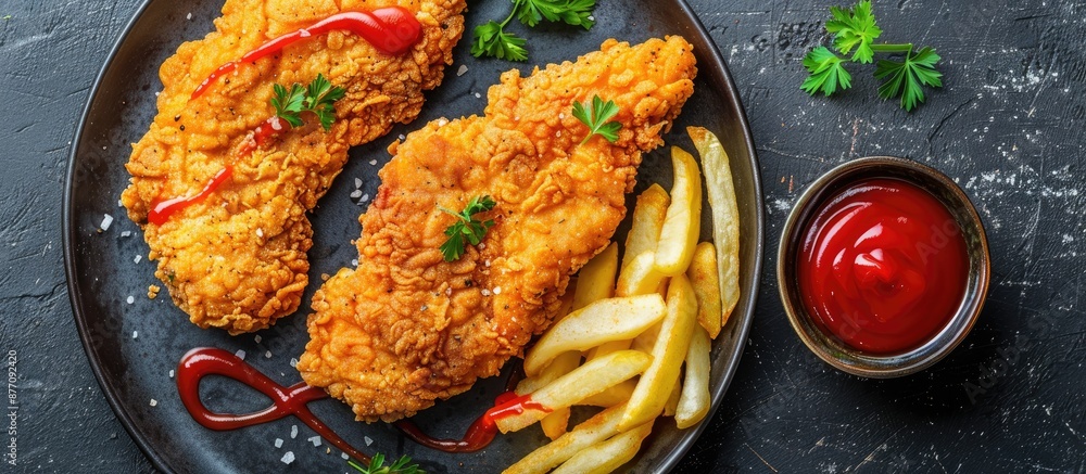 Poster dark background enhances chicken breast and fried pork on plate with mustards and ketchup, parsley f