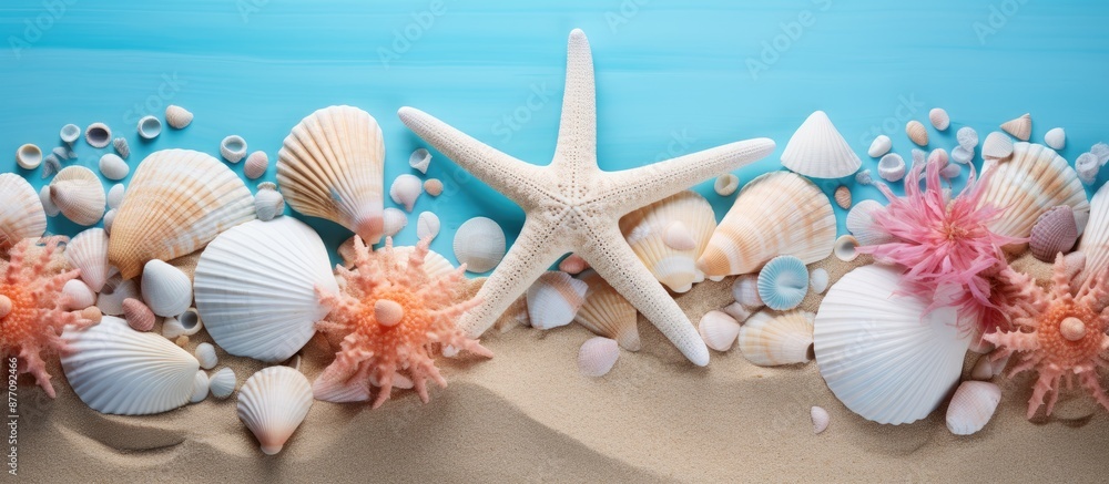 Poster a trendy aquamarine sea shell with starfish and shells arranged in a frame on a summer-themed backdr