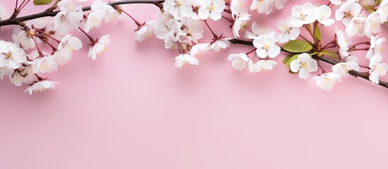 Obraz premium Top view of a spring-themed pastel pink background adorned with delicate white flowering branches, ideal for a springtime concept, with ample copy space image.