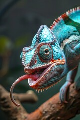  A tight shot of a chameleon on a branch, its mouth agape and tongue extended