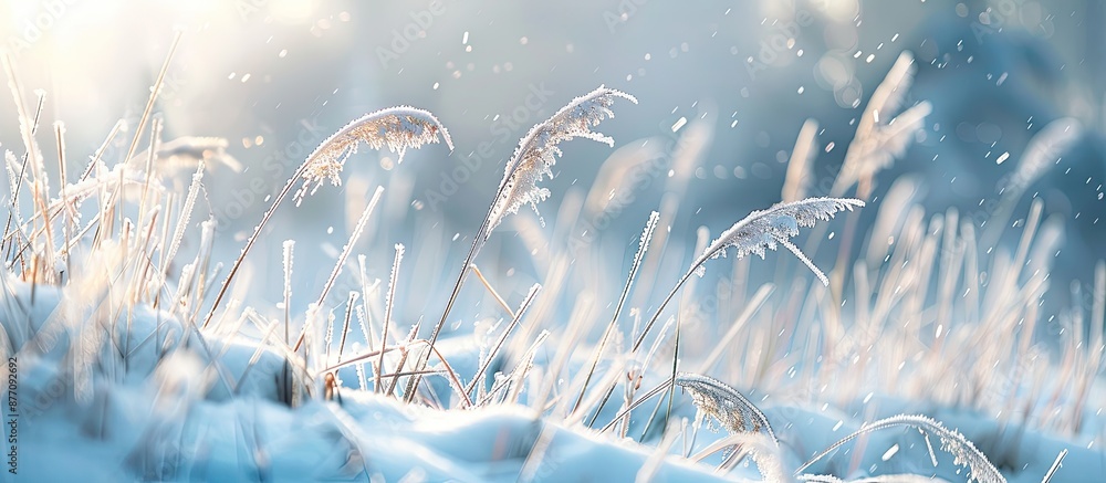 Poster in winter, snowy landscape showcases ears of silver grass creating a tranquil scene with a beautiful