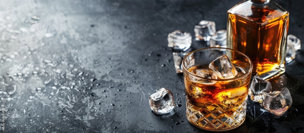 Poster an elegant glass of whiskey with ice alongside a whisky bottle, representing the concept of hard dri