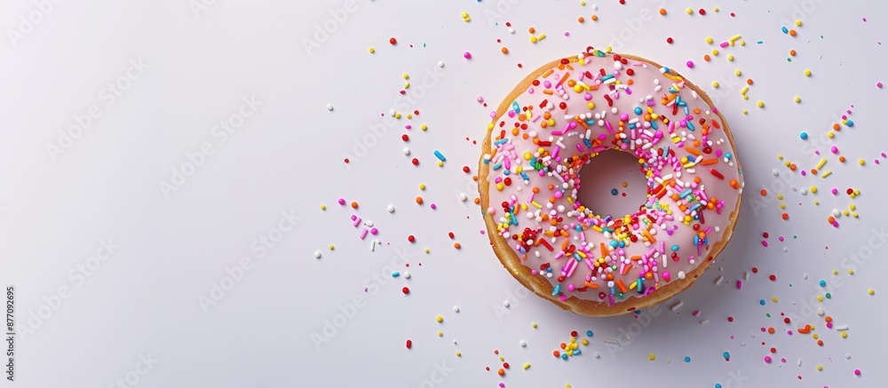 Fototapete A bird's eye view of a donut topped with vibrant sprinkles displayed on a blank white backdrop, perfect for adding text in the copy space image.