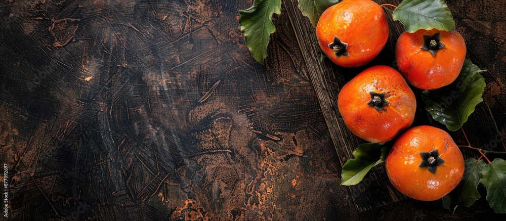 Poster top view of ripe persimmons fruit on a dark wooden board with copy space image.