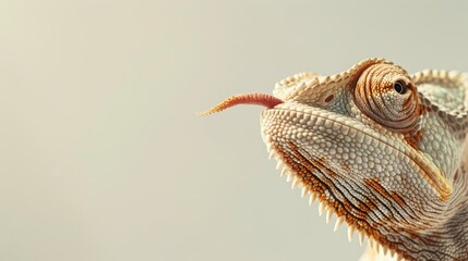  A chameleon's head up-close, tongue out and mouth agape, set against a pristine white backdrop
